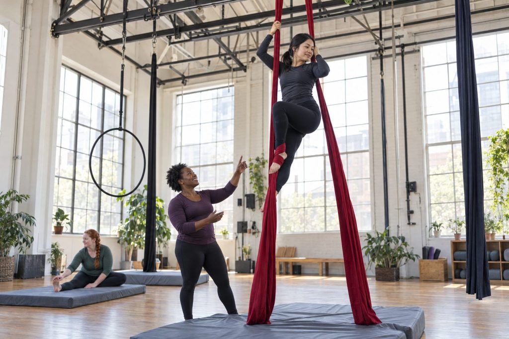 An aerial silks student holds a foot lock while her instructor spots from the crash mat