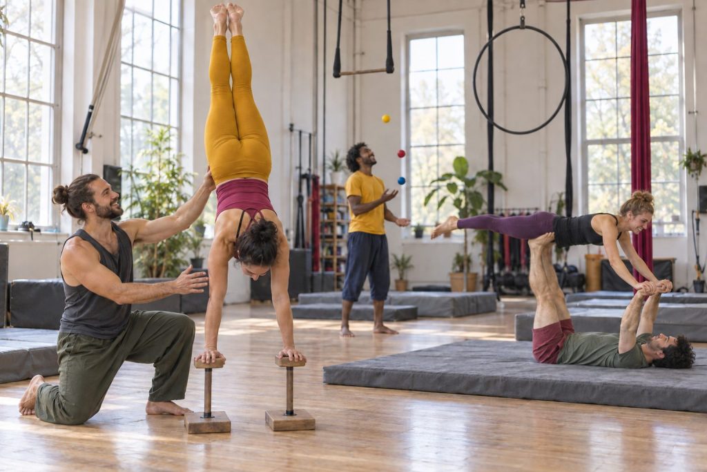 A circus student holds a handstand on wooden canes while her coach spots, with a juggler and partner acrobats training behind