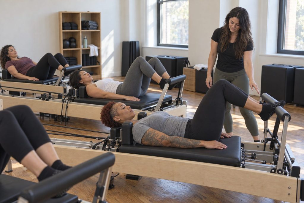 An instructor guides a student through leg work on a Pilates reformer during a small group class
