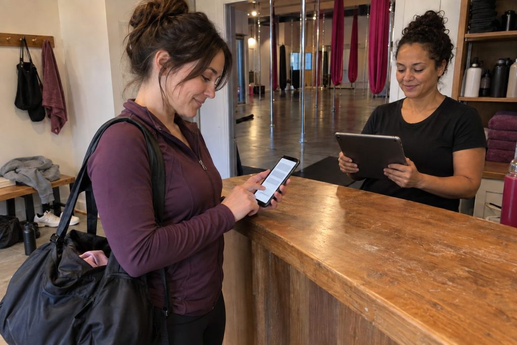 A new student signs a studio waiver on her phone at the front desk while a staff member holds a tablet